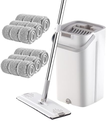 ATLION Balai SerpillèRe, Balais SerpillèRe Nettoyer Sol Serpillere Plat Rotatif 360° Et Serpillere Seau Essoreur Utilisation Humide Et SèChe pour Le Bois Dur, Le Bois, La CéRamique(White,6 Mops)