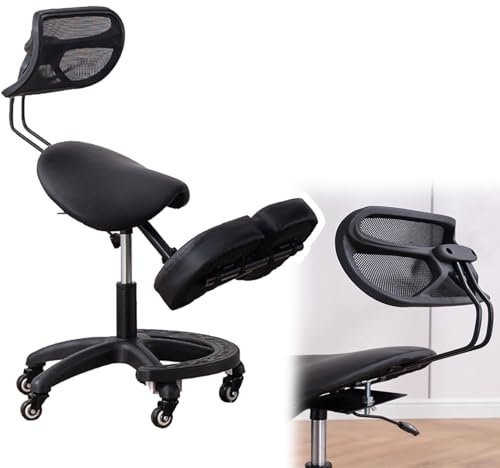 TUJOBA Sattelhocker Heimbüro Mobile Abgewinkelte Haltungssitz, Knienstuhl Ergonomisch mit Mesh -Rückenlehne, Einstellbare Höhe Sattel -Rollstuhl für Zahnklinik