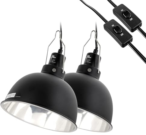 CAVACHEW 2 Pack Reptile Light Fixture, 8.5in Deep Dome Reptile Lamp Fixture, Optical Reflection Cover, Separate Switch & Hook, Terrarium Light Fixture for Reptile Heat Basking UVB Bulbs, 150W, Black