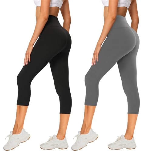 AMIYOYO 2er Pack Leggings Damen 3/4 High Waist Capri Leggins Blickdicht Kurze Sporthose Elastische Bauchweg Hosen für Yoga Fitness Outdoor Freizeit | Blickdicht Kurze Sporthose Elastische Bauchweg Hosen für Yoga Fitness Outdoor Freizeit