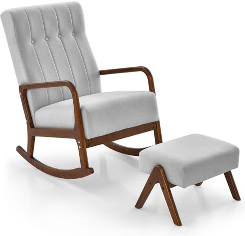 COSTWAY Schaukelstuhl mit Hocker, Schaukelsessel gepolstert, Schwingsessel bis 150 kg, Relaxstuhl mit Armlehnen & massivem Holzrahmen, Relaxsessel für Schlafzimmer Wohnzimmer, 65x97x104cm (Grau)