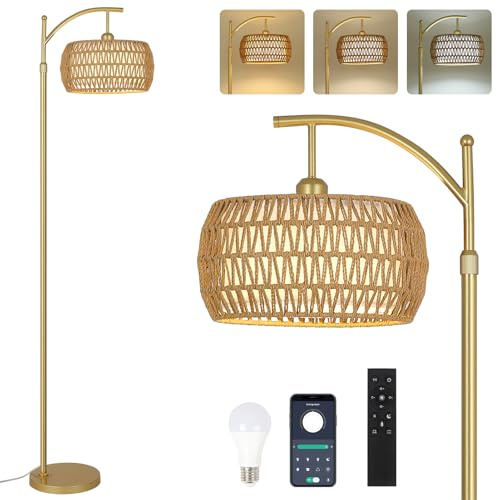 Rayofly Gold Lampadaire Salon, Lampadaire en Rotin à Intensité Variable avec Télécommande, Contrôle App, Lampadaire avec Abat-jour en Rotin, Lampadaire Boho pour Chambre, Bureau (ampoule incluse)
