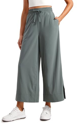 CRZ YOGA Pantalon Court léger à Jambe Large 64cm | Décontracté, Voyage, Confortable, Doux, Fendu, Coupe Ample, Poches, pour Femme