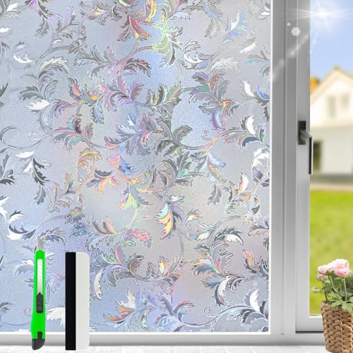 HOMTOL Milchglasfolie Selbstklebend Fenster, 90x200cm Sichtschutzfolie, Fensterfolie Regenbogeneffekt, Blickdichte Fensterfolie für Glastüren Milchfolie Fenster Selbstklebend, Kälteschutzfolie