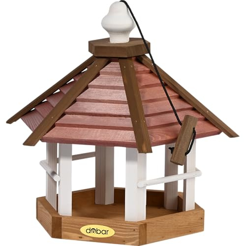 dobar® Green Label Großes Vogelhaus Herbstfrüchte zum Aufhängen - Futterstation für Wildvögel - Wildvogelfutterplatz - 33,5 x 29 x 34 cm - Braun/Rot/Weiß