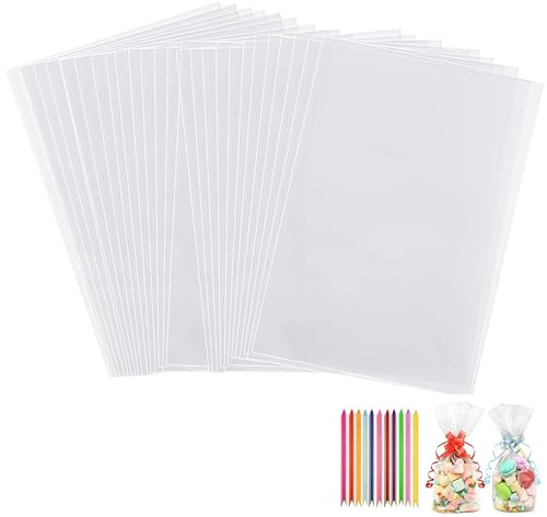Luoqun88 Zellophantüten, 15,2 x 25,4 cm, transparent, flach, Keksbeutel mit 100 bunten Schleifen, transparente Geschenktüten zur Aufbewahrung von Lebensmitteln, flache Süßigkeitenbeutel für Geschenke