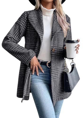 IDEALSANXUN Blazer largo de lana a cuadros para mujer, trajes de otoño e invierno, gabardina de manga larga, casual, elegante, chaqueta con solapa, Gris, XL
