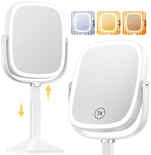 Gospire Rectangle Lighted Makeup Mirror with Lights 3 Color, Height Adjustable and 1X/7X Magnifying, 4000mAh Rechargeable Battery for Bedroom, 8.5”x7.4” Large Surface, Stepless Dimming - White