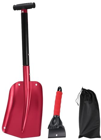 sourcing map Snow Shovel 3-in-1 Aluminum Snow Shovel Ice Scrapper Emergency Snow Removal Kits with storage bag for Car Camping Gardening, Red