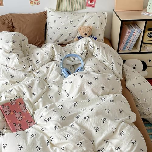 Bettwäsche 135x200 4teilig Mädchen Weiß Schwarz Schleifen und 2 Kissenbezug | Bettwäsche Set 4 Teilig, Mädchen, Kawaii, Schwarze Schleifenmuster, Niedlich, Aesthetic, Weich, Microfaser, Reißverschluss
