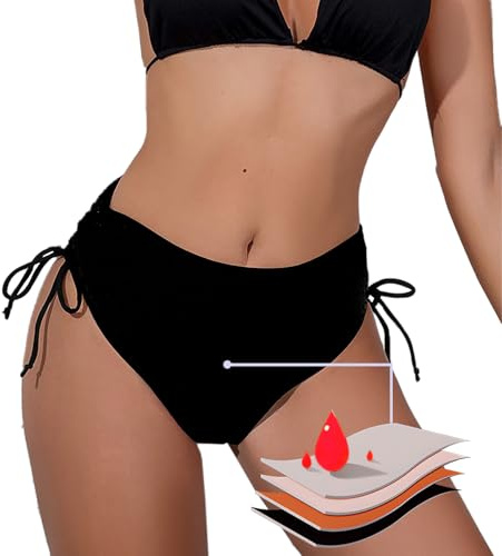 Period Pants for Women Swimming, High Waisted 4Ply Leakproof Bikini Menstrual Swimwear Bottoms for Girls Teens, Super Absorbent Quick Dry Swim Shorts for Beach Pool Black