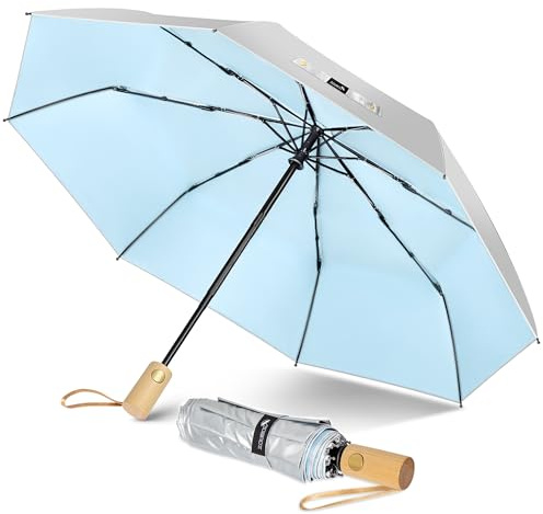 ZOMAKE Paraply Vindtät Regnskärm Paraply Kompakt UV Skydd,Solskärm Bärbar Automatisk För Herrar Och Damer,Klein Fickskärm Stormfast Stabil Med Trägrepp,Enkelvåning(Silver-Ljusblå)