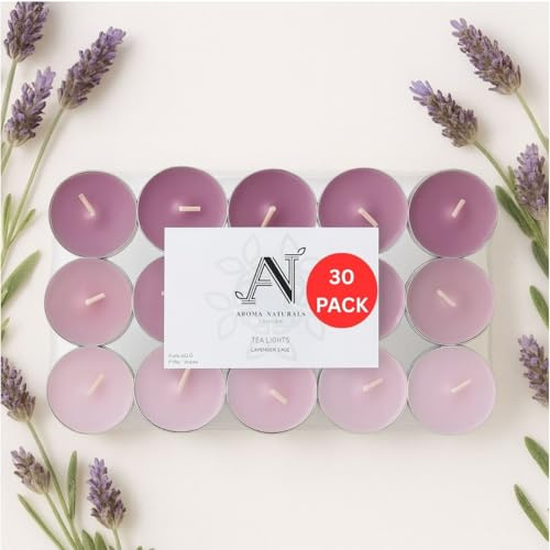 Aroma Naturals London Scented Tealight Candles Bag | 4 Hour Burn Time | Standard Size D3.77 x H1.45cm | Three Tone Coloured Wax & Aluminium Cups | Pack of 30 Tea Lights Scent (Lavender Sage)