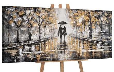 YS-Art Autunno pittura acrilica su tela con accenti oro dipinti a mano murale soggiorno moderno decorazioni per la casa Immagini per soggiorno 115x50 cm