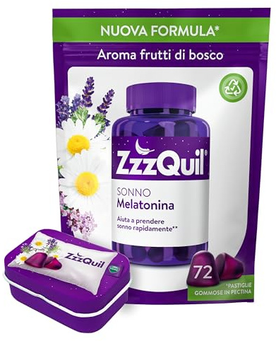 ZzzQuil Sonno Formula Vegana Integratore per Dormire con Melatonina ed Estratti Di Valeriana, Camomilla e Vitamina B6, Addormentarsi Velocemente, 72 Pastiglie Gommose, Gusto Frutti di Bosco