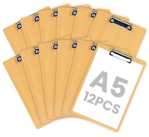 OFFCUP A5 Porte-Blocs en Bois, 12pcs A5 Porte Blocs Format avec Pince, Taille 31x21cm Planchettes à Pince Clipboard à Suspendre pour Papier D'écriture Memo Dossiers
