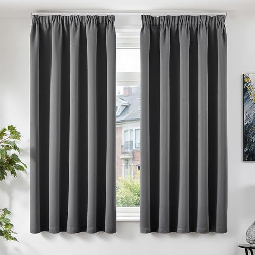 TOPICK Gardiner med veckband gardiner ogenomskinliga mörkläggningsgardiner 175 x 140 cm, set om 2 gardiner, vardagsrum, moderna gardiner, sovrum, mörkning, fönsterdekoration, mörkgrå