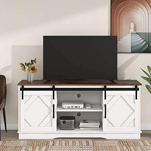 Merax TV-Schrank, TV Ständer Sideboard Lowboard für 65-Zoll-Fernseher, rustikales Farm-Design, mit 2 Schiebetüren, verstellbaren Regalen für Wohnzimmer, Esszimmer, Vintage Weiß, 150 * 40 * 60 cm