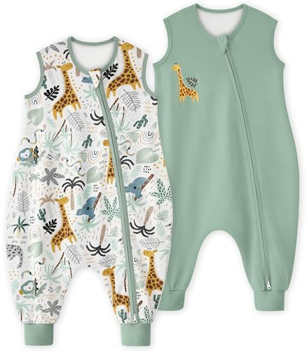 Yoofoss 2er Pack Schlafsack Baby mit Füßen 1.0 Tog Herbst Ganzjahre Baumwolle Baby Schlafsack mit Beinen Warm Babyschlafsack für 4-6 Jahre Kinder Jungen Mädchen 100 cm- Grün & Giraffe