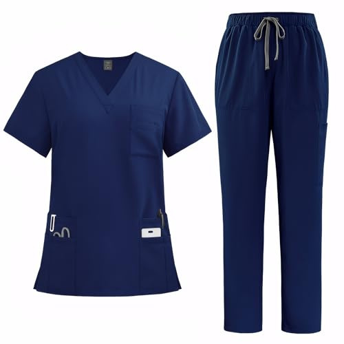 Meichoon Medical Uniform Set Nursing Scrubs with V Neck Top Straight Leg Pants Stretchy Waist Durable DK77Dark Blue S