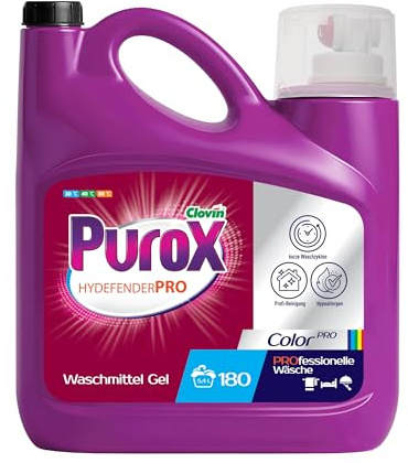 PUROX Hydefender Color Detersivo liquido (180 lavaggi) tanica con dosatore – per tessuti colorati, rimuove macchie e odori sgradevoli, protezione del colore, ipoallergenico, anticalcare, 5,4 l