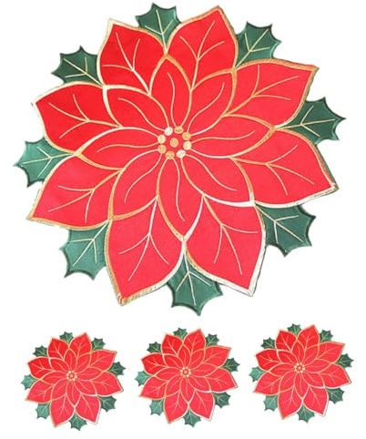 TOBBOMEY Tovagliette Natalizie Poinsettia 40 Cm in Lino Rosso Imbottitura Isolante, Resistenti Al Calore Per Decorazioni Tavola Feste e Cene, Set Da 4 Pezzi Per Ristoranti e Buffet