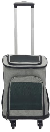 Hundetrolley mit Rollen bis 9kg, Faltbare Transportbox für Katzen & Kleine Hunde, Hundewagen, Katzenrucksack, Atmungsaktive Haustiertasche mit Fenster für Auto, Flugzeug & Reisen (Grau)