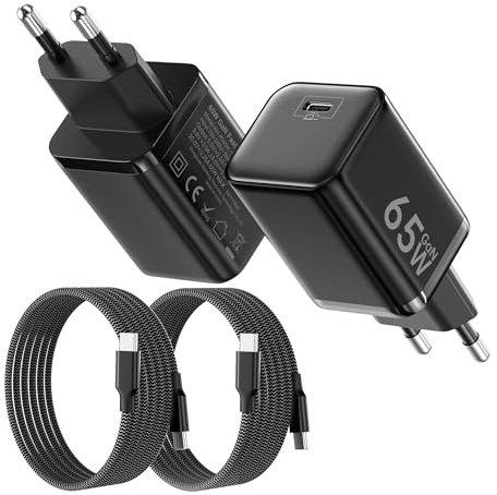 2PCS Cargador USB C 65W, Carga Rápida PD3.0 PPS Adaptador Portátil GAN II con Cable USB C Trenzado 2M, Compatible para MacBook Pro/Air, para iPhone 17/16/15, para Samsung Galx S25/S24/S23(Negro)