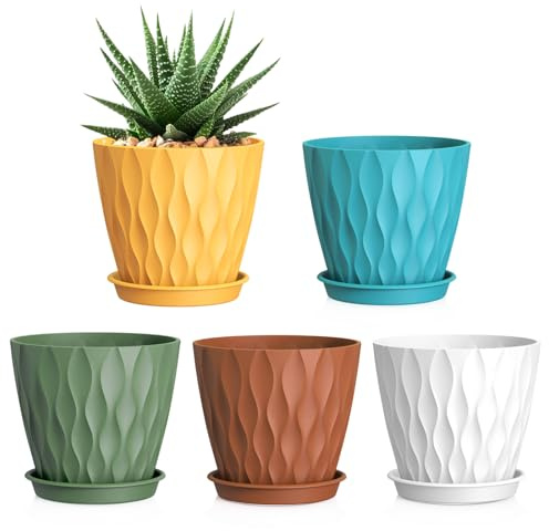 WSMKSZ 15cm Plant Pots Indoor Outdoor, 5 Pack Decorative Flower Pots | Plastic Planters Pots with Saucers & Drainage Holes, 3D Wave Texture, for Peace Lilys, Mint& House Plants, Multicolor