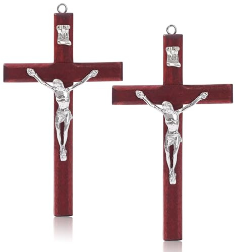 Croix en Bois,2 Pièce Murale en Bois Décoration,Crucifix Mural Marron,Symbole Religieux,Décoration De Maison Religieuse Croix Jésus Décoration Murale Catholique pour église,Salon,Maison,13 cm
