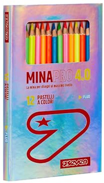 Seven Pastelli Scuola Minapro 4.0, Scatola da 12 pz, Mina grande, CONTENUTO: 12 matite - 6 colori fluo, Bambini e Ragazzi