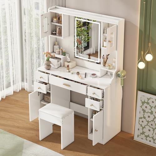 Goldicoo Tocador grande con iluminación LED, 6 cajones y 4 puertas, MDF, blanco, 105 x 152 x 40 cm, con espejo y enchufes para dormitorio