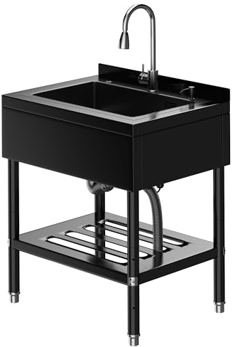 GarveeTech Stainless Steel Large Utility Sink, 25.7 × 20.7 × 39.5 Freestanding Single Bowl Laundry Tub, Includes Hot/Cold Water, Hoses & Drain Kit for Garage, Workshop, Kitchen, Laundry Room