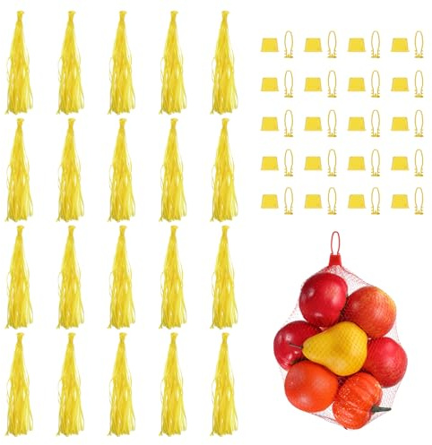 QUARKZMAN 50 Sacs À Œufs, 24 Pouces Filet Nylon Réutilisable Sacs Produits avec Fermeture À Boucle Plastique Solide Élastique pour Fruits Légumes, Jaune