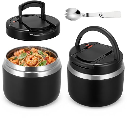 MAXSO 14oz Vacuum Insulated Food Jar with Spoon Buckle Lid, Kids Soup Thermo for Hot Food Wide Mouth Leakproof Stainless Steel Lunch Container - Black