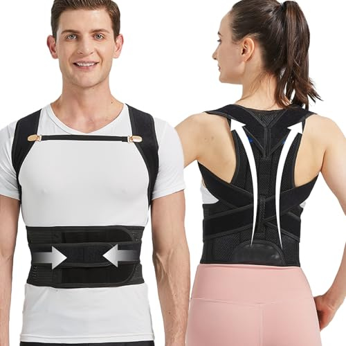 BraceTop Correttore Posturale Uomo Donna, Fascia Posturale Spalle e Schiena, Raddrizza Supporto Postura Regolabile Busto Dritta, Allevia Collo Schiena Lombare, Nero M