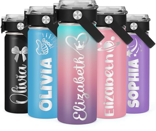 GifXify Personalisierte Trinkflasche für Kinder, 18oz/530ml Edelstahl Trinkflasche mit Namensgravur, 11 Farben & 50 süße Designs – Geburtsgeschenk für Jungen & Mädchen