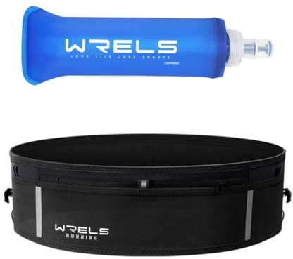 WRELS Ultraleichter Laufgürtel mit 250ml Trinkflasche für Damen & Herren | Elastische Verstellbare Unsichtbare Slim-Fit-Passform Anti-Bounce Lauftasche für Joggen,Marathon und Fitness,Mehrere Taschen