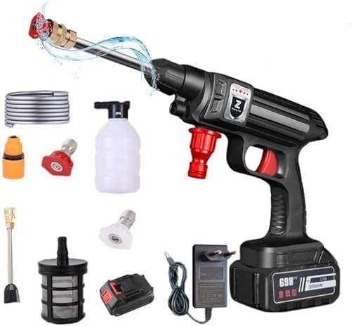 Limpiador de alta presión, pistola de alta presión inalámbrica 30 bar, limpiador de alta presión 30000 mAh, alcance máximo 7 m, boquilla 6 en 1 y manguera de 5 m para jardín y coche