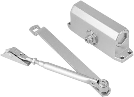 Chiudiporta aereo con fermo, portata 25~35 kg, resistente, regolabile, ignifugo, aperto, colore argento