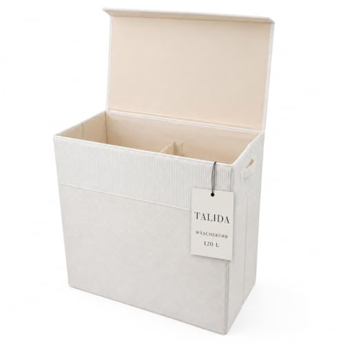 TALIDA Wäschekorb Cord – mit abnehmbaren Deckel | platzsparend & praktisch | faltbarer Wäschesammler | Pfandflaschen Sammelbehälter | Schlafzimmer, Kinderzimmer & Badezimmer (Beige, 120L)