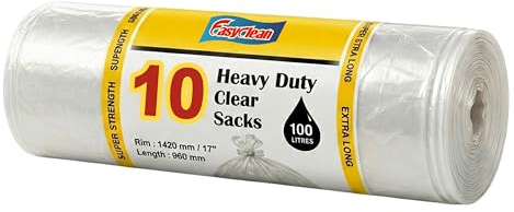 Easyclean Bin Bags,100L Heavy Duty Recycling Bags Pack of 10 Extra Strong Refuse Sacks, 960mm bin liner Leak Proof Rubbish Bags for Kitchen, Bathroom, Bedroom, Office & Home Waste (Clear)