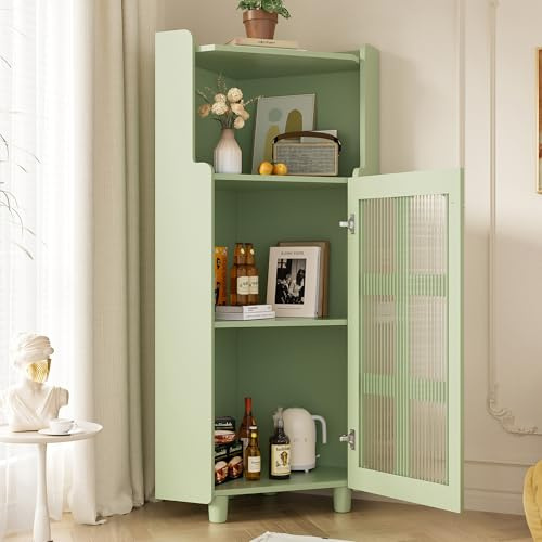 SACOOL Grüner Eck-Schrank mit Lackoberfläche, Moderne Eck-Kommode, für Wohnzimmer, Bücherregal, Badezimmer (63.5 * 124 cm, Grün)