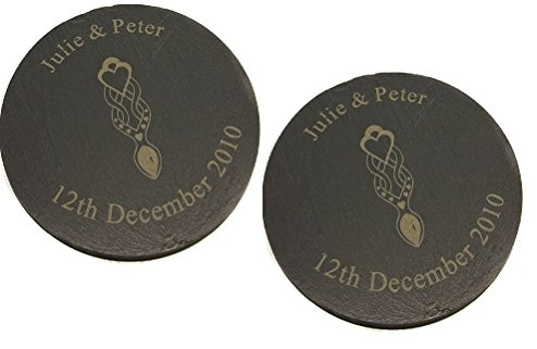 County Engraving 1 Pair Personalised Welsh Slate Coasters, Welsh Love Spoon Design with Engraved Name & Date - Enter Your Own Custom Text