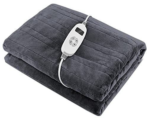 COSTWAY Electric Heated Throw Blanket, Extra Large Electric Over Blanket with 10 Heat Settings, 9-Hour Timer Function & Digital Remote, Machine Washable Luxury Flannel Heating Throw(Grey,160x130cm)