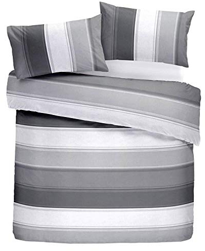 Fusion - Housse de Couette à Larges Rayures Blanches et Grises - 200 x 200 cm - 2 taies d'oreiller - Housse de Couette à Rayures contemporaines en Gris - Parure de lit doublée Grise