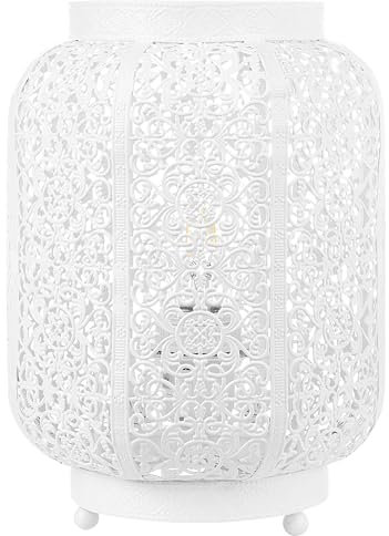 Beliani Lampe à Poser Déco en Métal Blanc Beige Ajouré aux Motifs Baroques E27 Max 40W Lumière Ambiante de Salon ou Chambre Romantique et Glamour