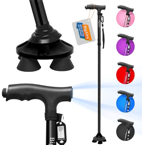 BigAlex Folding Walking Cane with LED Light,Pivoting Quad Base,Adjustable Walking Stick with Carrying Bag for Men/Women