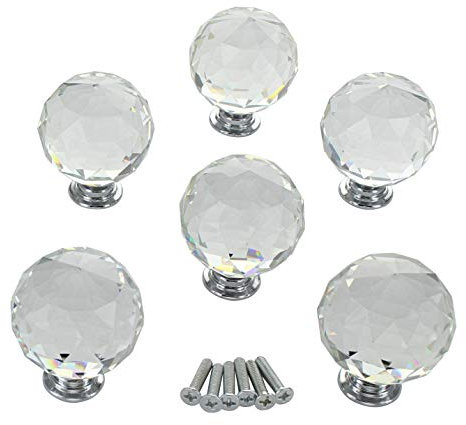 G Decor Clear Round Crystal Glass and Chrome Door Knobs Set, Vintage, Shabby Chic, Interior Furniture, Kitchen Bathroom Bedroom Accessories, Cabinet Cupboard Drawers Pulls Handles, 40mm (6-Pack)