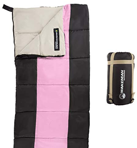 Lightweight Kids Sleeping Bag - Carrying Bag with Compression Straps Included - for Camping, Backpacking, Sleepovers by Wakeman Outdoors (Pink/Black)